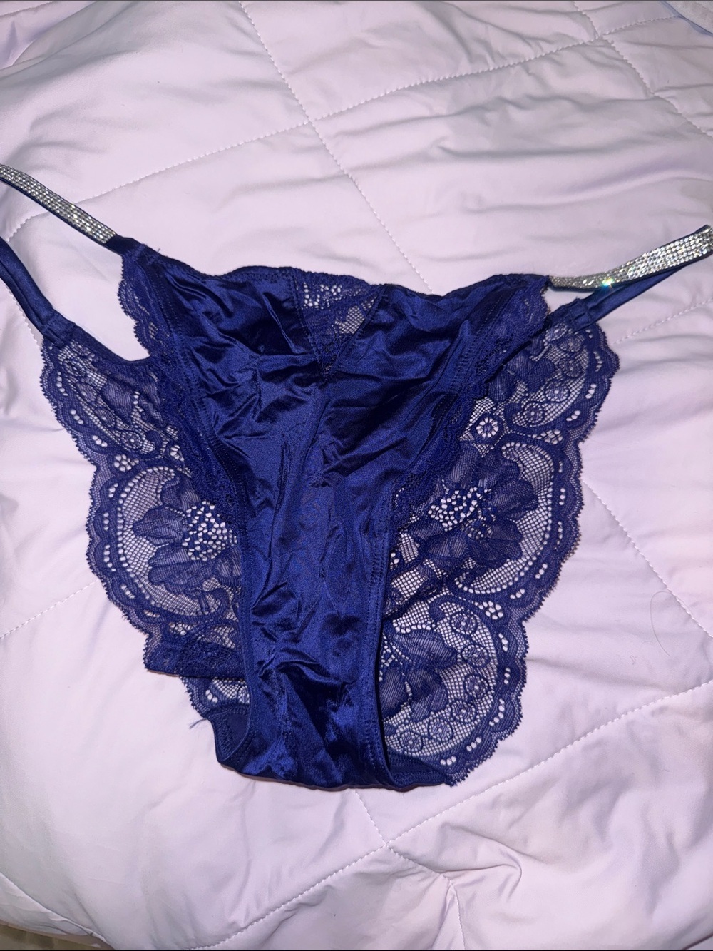 NWT Victoria’s Secret Bling Silver Rhinestone Strap Blue Lace Panty